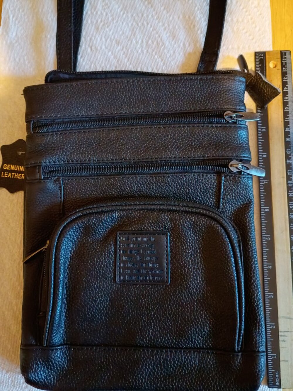 Steeltime Genuine Leather Crossbody Bag Serenity Prayer Patch Dark Brown
